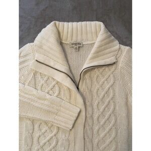 St Johns Bay Sweater Womens Petite Medium Cream Zip Cable Knit Shawl Collar Cozy